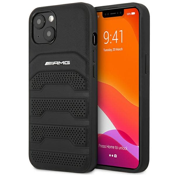 AMG lædercover med prægede linjer og sort logo til iPhone 14 Plus, sort
