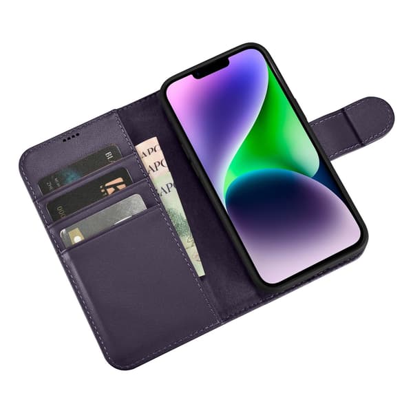 2-i-1 Läderfodral iPhone 14 Plus Anti-RFID Plånboksfodral Mörklila