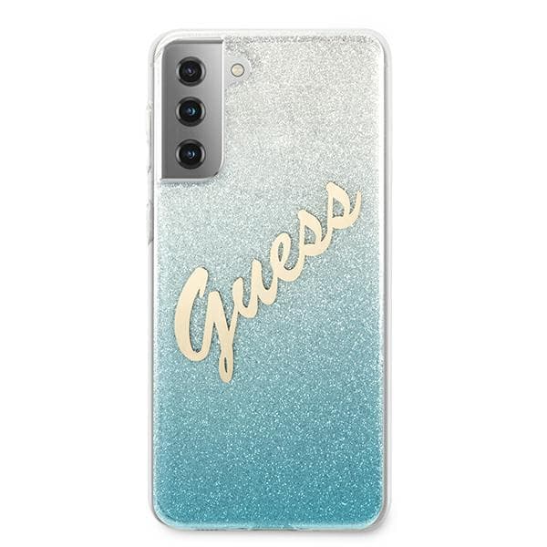 Guess Glitter Gradient Script -suojakuori Galaxy S21+:lle, sininen