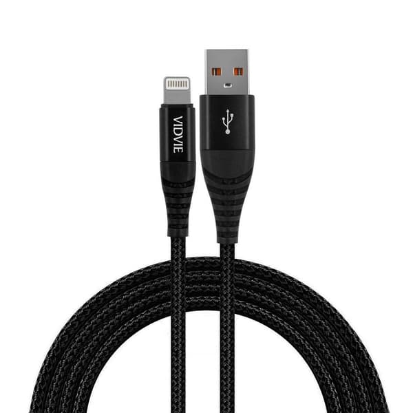 VIDVIE CB491 NYLON USB - Apple Lightning 2.4A Kabel, 1.2m Sort