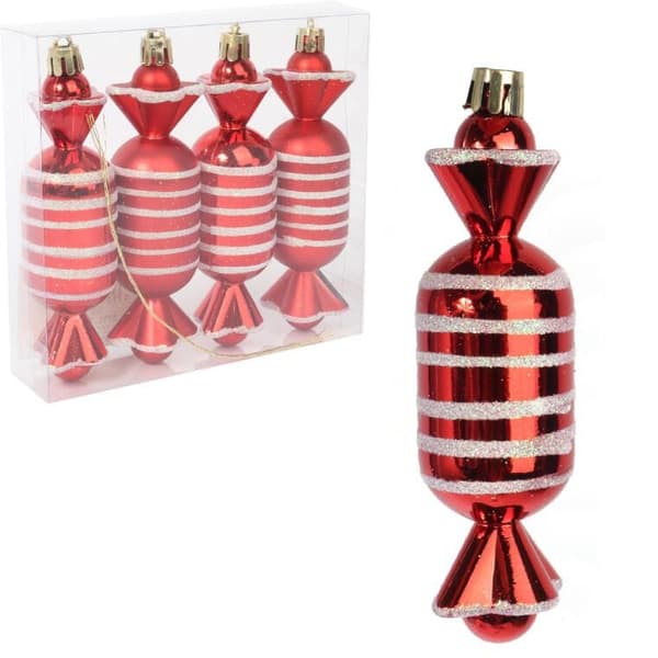 Set med 4 plastkulor - röda godisar 12,5 cm