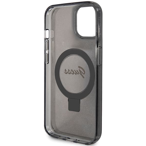 Guess Ring Stand Script Glitter MagSafe -kotelo iPhone 15 Plussalle, musta