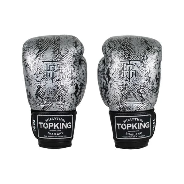 Top King Super Star Snake Muay Thai Boksehandsker Sort/Sølv 14OZ