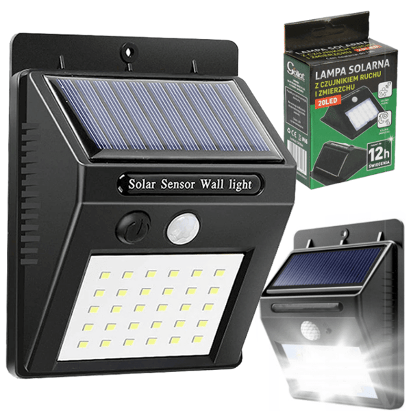 Solcellsdriven LED-lampa med rörelse- och skymningssensor, solcellsdriven, kallvit utomhusbelysning för panelmontering
