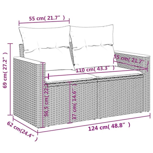 vidaXL Trädgårdssoffa med kuddar, 2-sits, beige, polyrotting