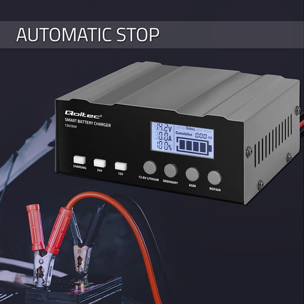Qoltec 12V/24V LCD intelligent mikroprocessorladdare