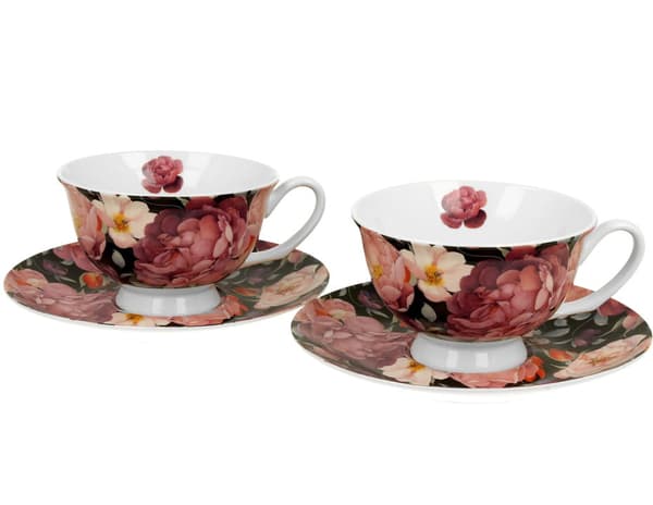 Sæt med 2 Spring Rose sorte kopper og underkopper