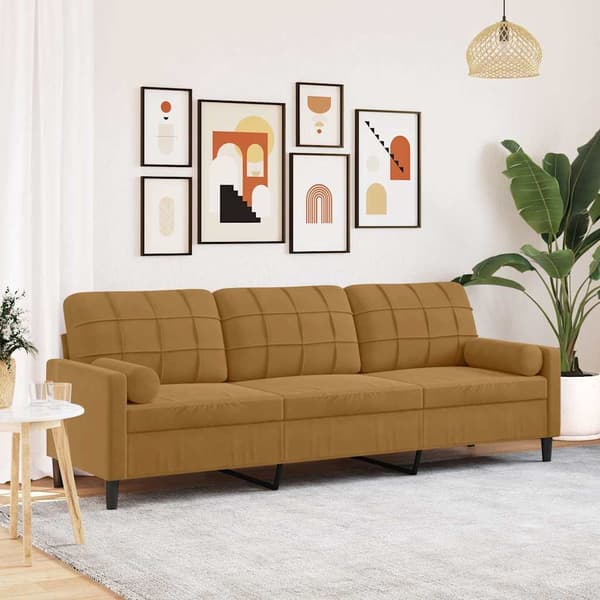 vidaXL 3-sitssoffa med kuddar, brun, 210 cm, sammet