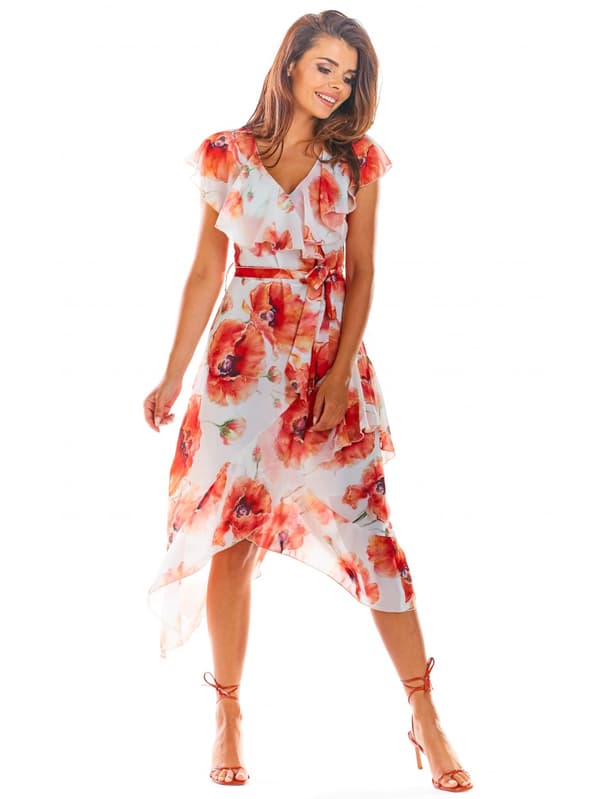 Asymmetrisk chiffongklänning sommar röd vallmo M