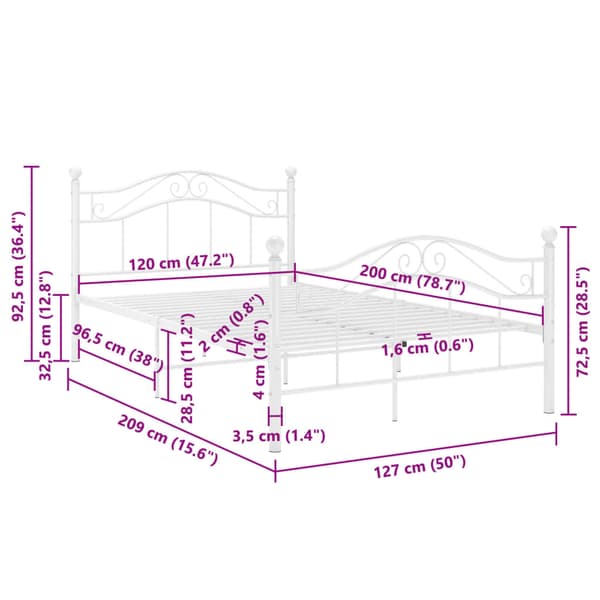 vidaXL Sängram vit metall 120 x 200 cm