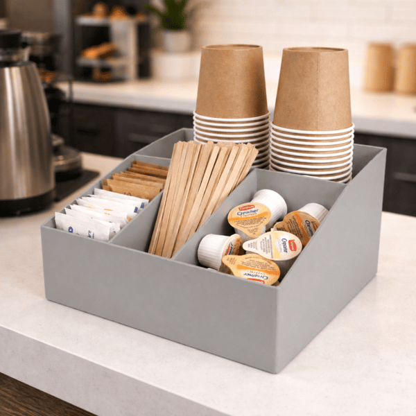 Kaffeorganisator, grå beholder til tilbehør ved siden af ​​kaffemaskinen