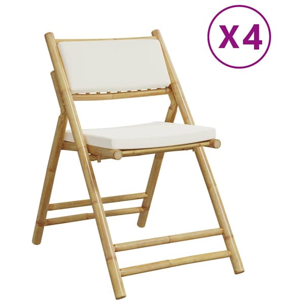 vidaXL Hopfällbara bistrostolar, set om 4, krämfärgade kuddar, bambu
