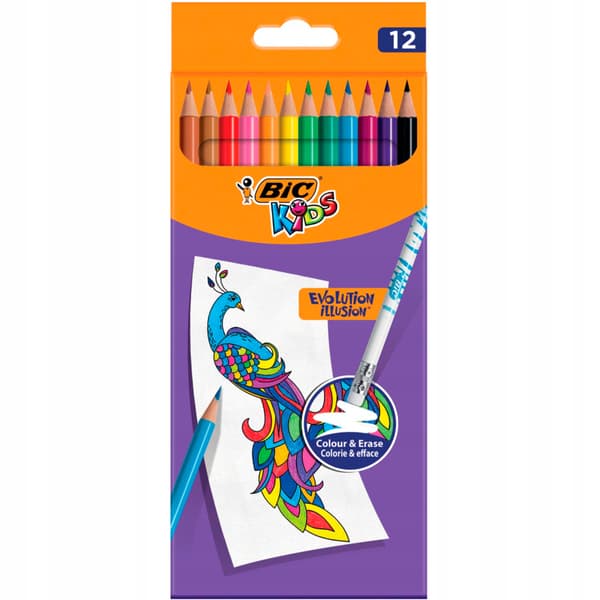 BIC EVOLUTION ILLUSION pyyhittävät väriliidut, 12 väriä, 0894