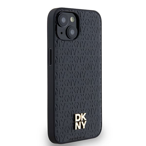 DKNY Lædermonogrammønster Metal Logo MagSafe-etui til iPhone 14, Sort