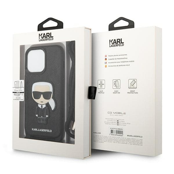 Karl Lagerfeld lædermonogram-patch og snor Iconik-etui til iPhone 13 Pro / 13, sort