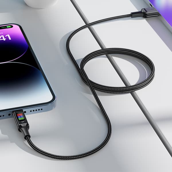 USB-A - USB-C 60W kaapeli näytöllä 1,2m musta
