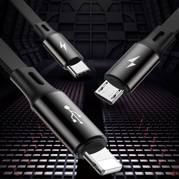Udtrækkeligt kabel 3i1 USB MicroUSB iPhone Lightning USB-C 3.5A 35cm 120cm Sort