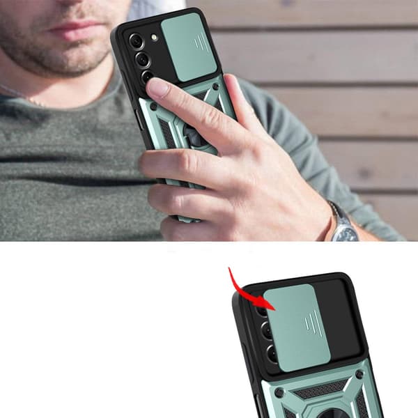 Pansret cover til Samsung Galaxy S21 FE, CamShield Slide, grøn
