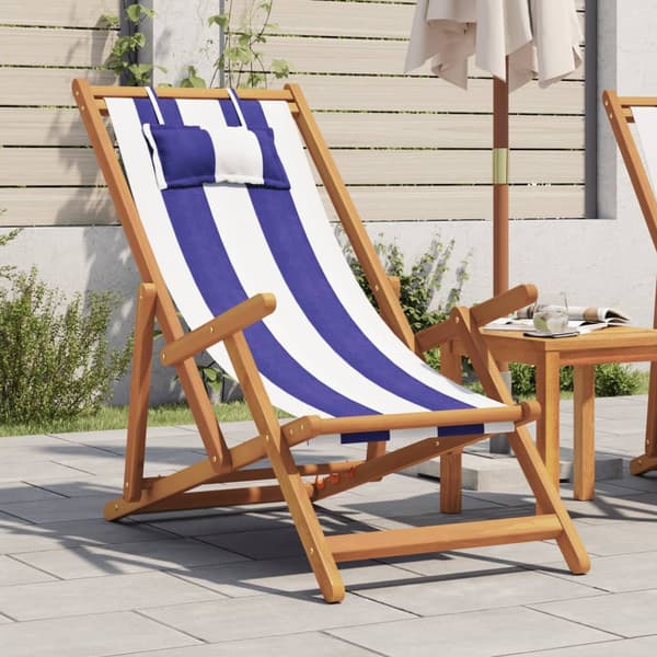 vidaXL foldbar strandstol blå og hvid eukalyptus og stof