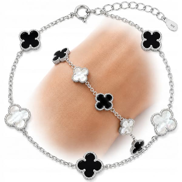 Damearmbånd i sølv 925 sølvkløver onyx perlekløver
