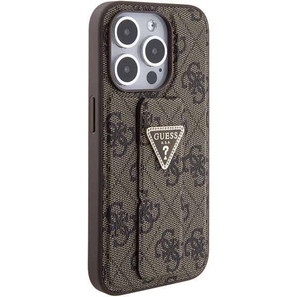 Guess Grip Stand 4G Triangle Strass-cover til iPhone 15 Pro, brun