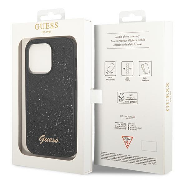 Guess Glitter Script-skal till iPhone 14 Pro, svart