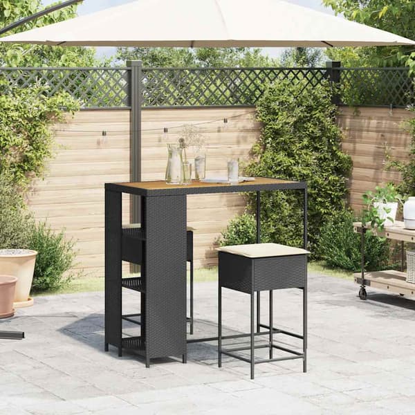 vidaXL 3-delt barsæt med hynder, sort polyrattan