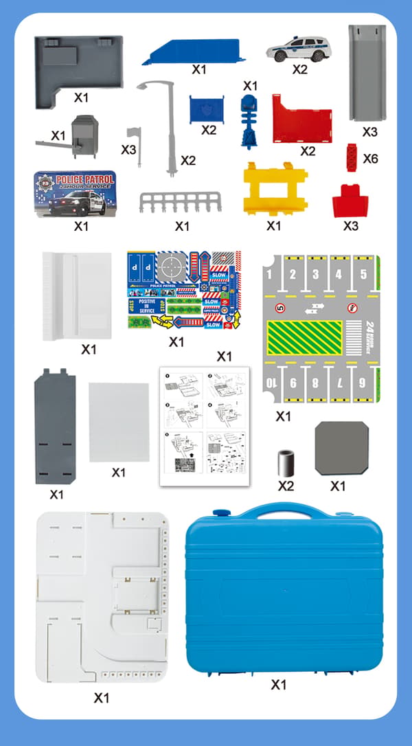 Polisparkering, resväska, garage, polisbil med 40 element