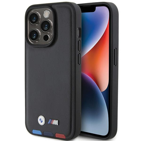 BMW Læder Stamp Tricolor Etui til iPhone 15 Pro, Sort