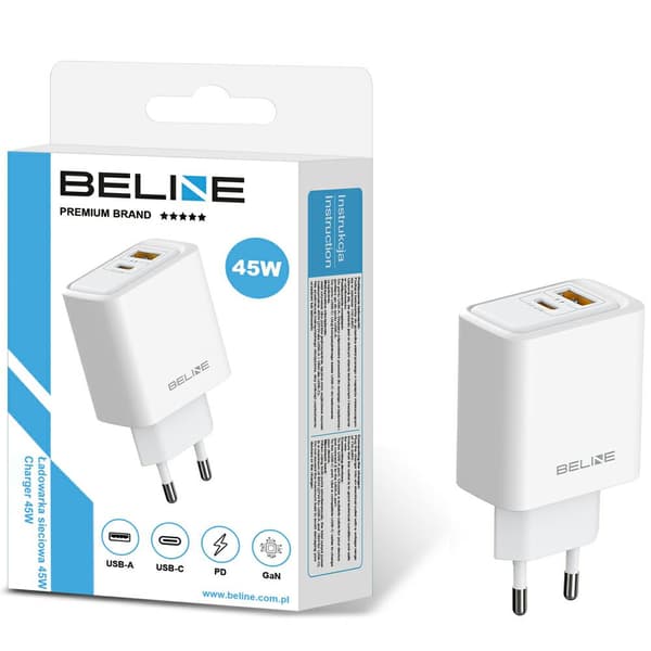 Beline 45W GaN USB-A/USB-C vægoplader hvid
