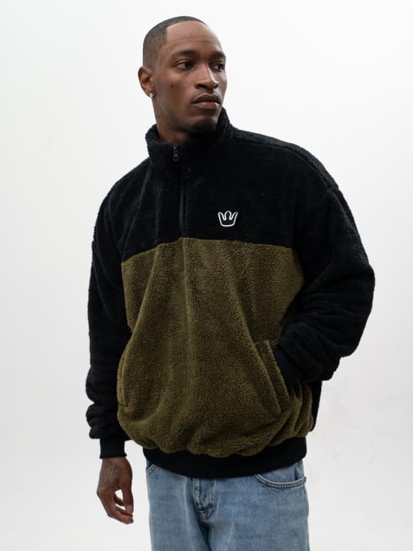 Herre Sherpa Halv Lynlås Oversize Sort Oliven Jigga Track L