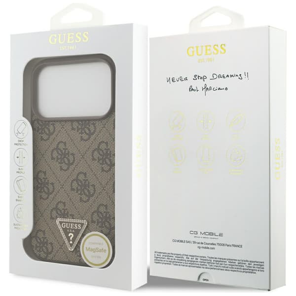 Guess Læder 4G Triangle Strass MagSafe-etui til iPhone 17 Pro brun
