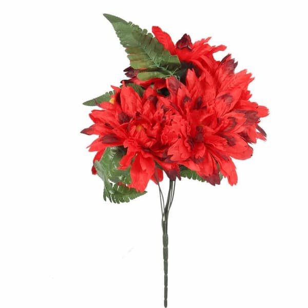 En bukett konstgjorda blommor: 7 dahlior med röda ormbunksblad