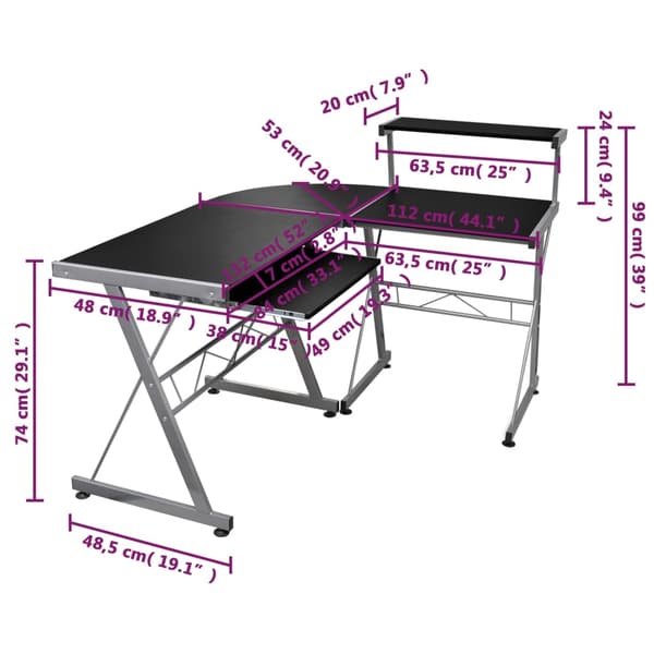 vidaXL hjørnecomputerbord, sort, 132x112x99 cm