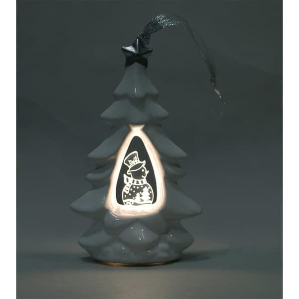 Keramisk julgran med LED-belyst snögubbe, vit, 15 cm.