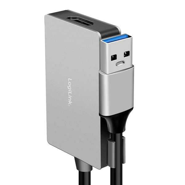 USB 3.0 - HDMI-sovitin, Full HD 1080p, LogiLink, 0,15 m, harmaa, USB-A/M - HDMI-A/F -sovitin