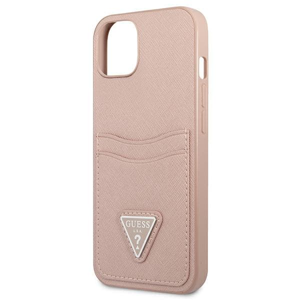 Guess Saffiano Triangle Logo Cardslot-etui til iPhone 13, lyserød