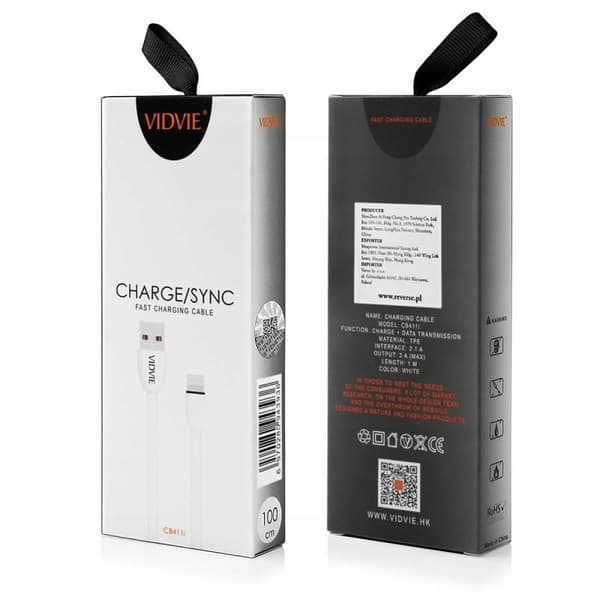 VIDVIE CB411 USB/iPhone-kabel 2.1A, 1m vit