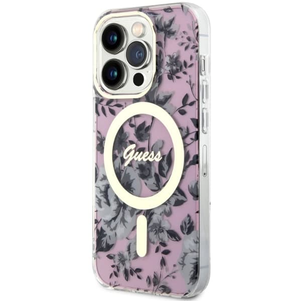 Guess Flower MagSafe-etui til iPhone 14 Pro, lyserød