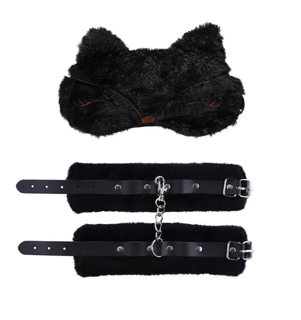 BDSM Set Päls Handbojor och Ögonbindel Svart
