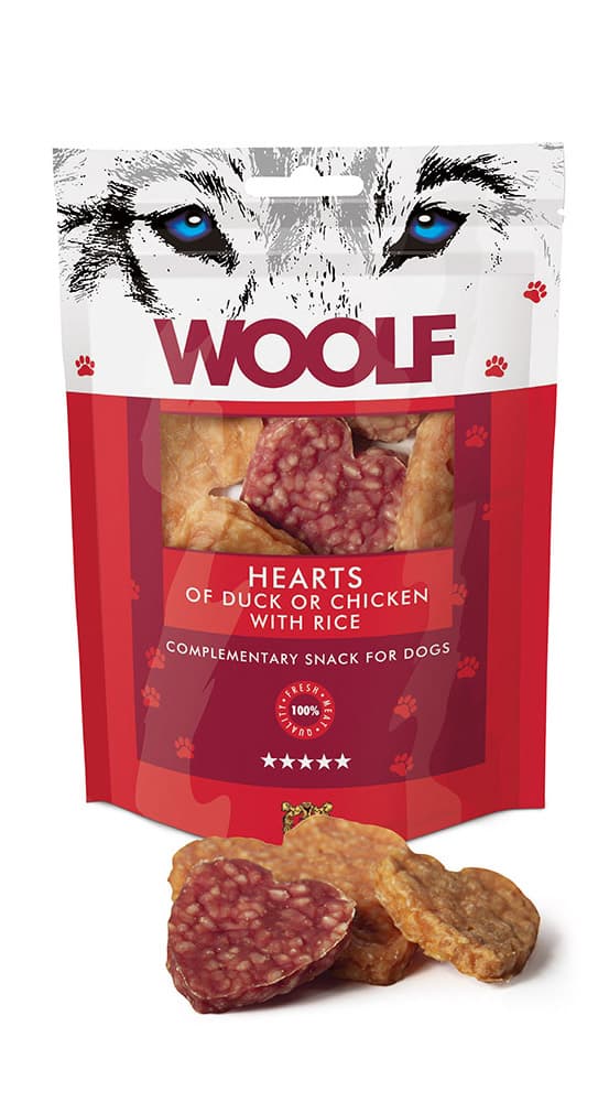 Woolf hundegodbidder med ande- eller kyllingehjerter og ris 100 g