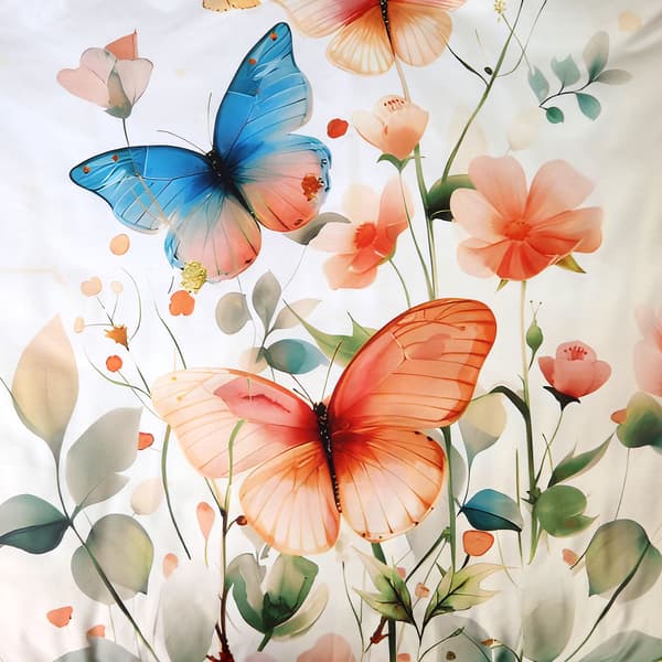 Sengesæt 160x200 SATIN BOMULD digitalprint forårsblomster og sommerfugle