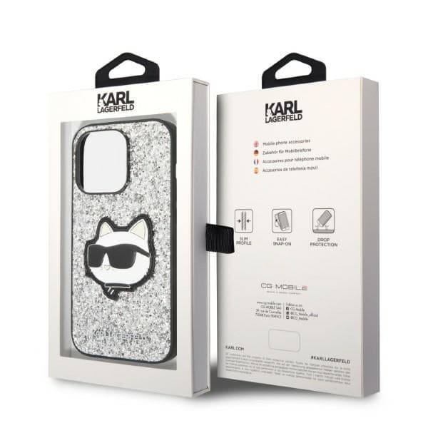 Karl Lagerfeld Glitter Choupette Patch-etui til iPhone 14 Pro Max, sølv