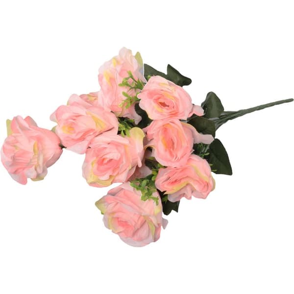 En bukett med 8 rosor och ljusrosa buxbom