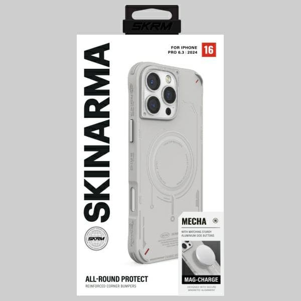 Skinarma Mecha MagSafe -kotelo iPhone 16 Prolle, vaaleanharmaa