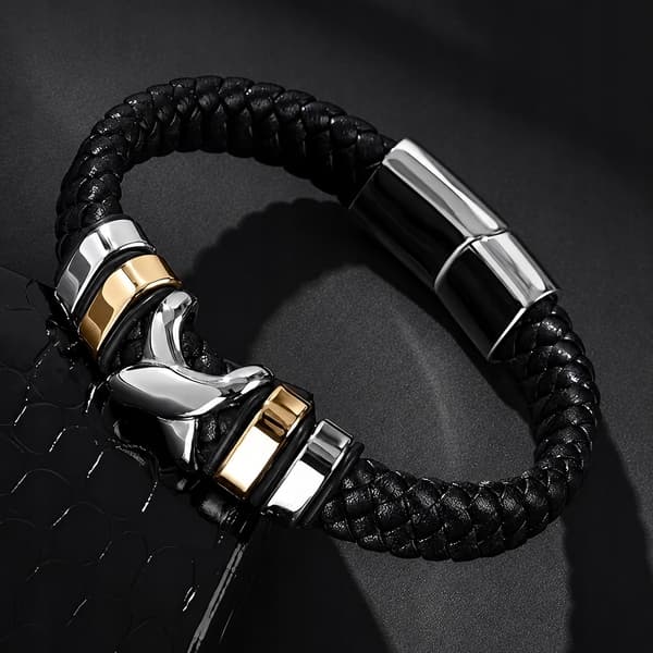 Herr Läderarmband Guld Silver TITAN Flätad Helt Tjock