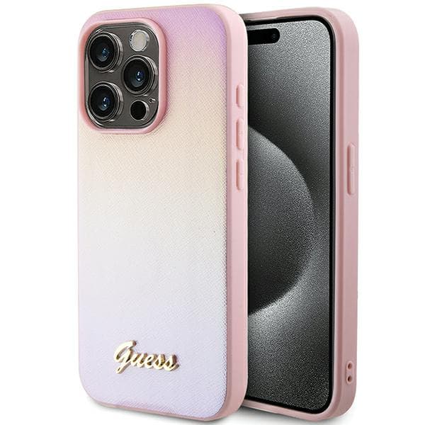 Guess Saffiano Iridescent Script -suojakuori iPhone 15 Prolle, pinkki