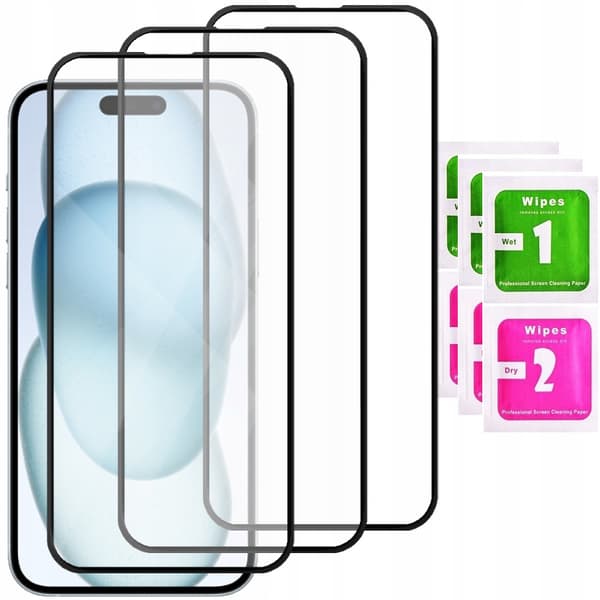 3x helskärmsglas för Apple iPhone 15 Plus, härdat glas, 5D