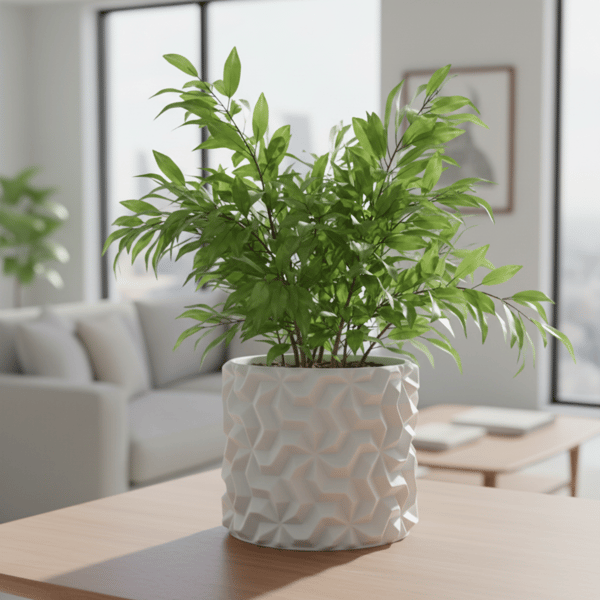 Hvid urtepotteskjuler med 3D geometrisk mønster til loftplanter