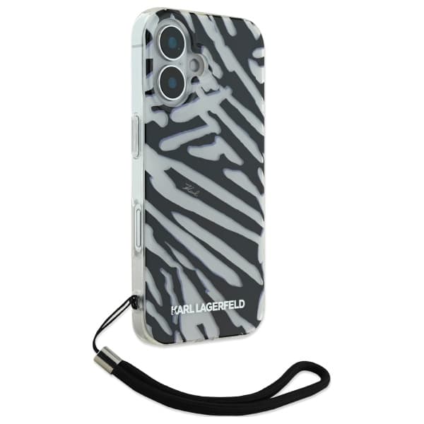 Karl Lagerfeld IML Zebramønster & Snor-cover til iPhone 16, Sort